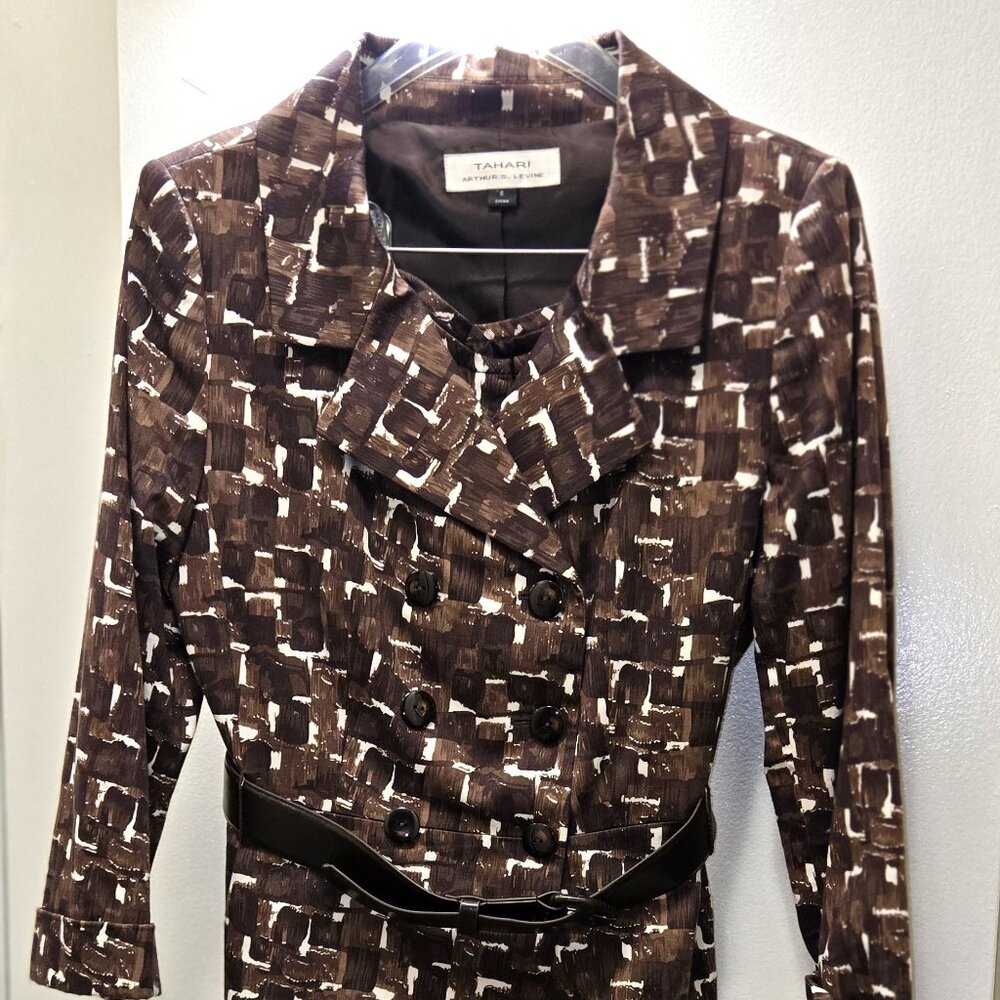 Tahari Arthur S. Levine Brown Printed Belted Double Breasted Jacket & Skirt Suit